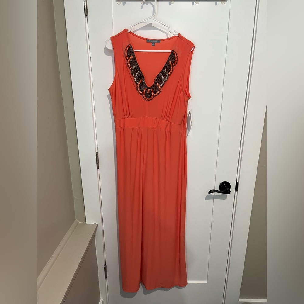 NY Collection Orange Maxi Dress with Beaded Neckline
